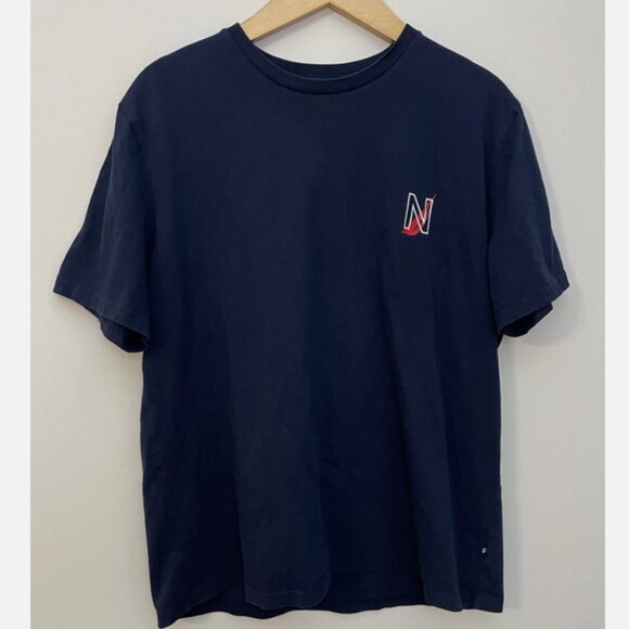 NAUTICA Mens Large T Shirt Navy Blue Cotton 2 Sided Nautical Graphics - Picture 1 of 6